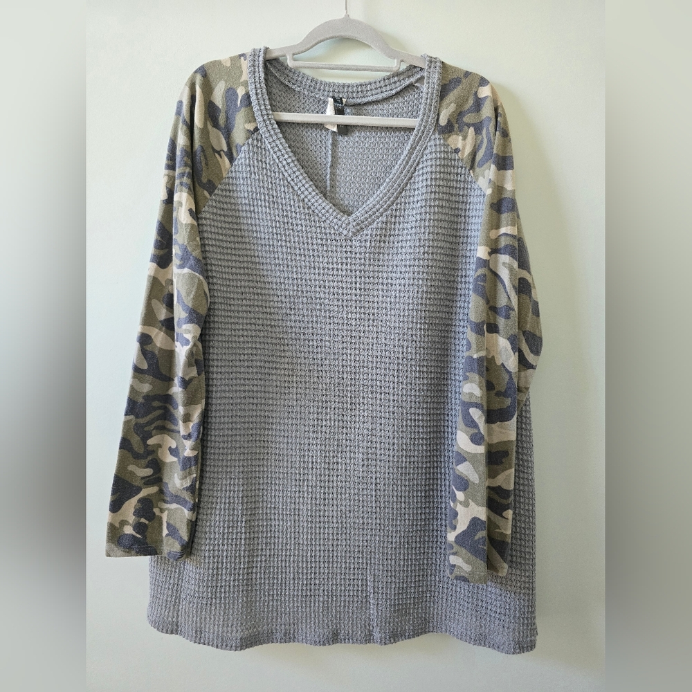 V-Neck Waffle Knit Top with Camouflage Sleeves